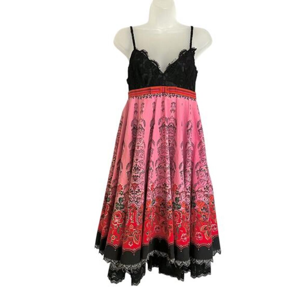Vintage Anna Sui Archival Party Dress Black Lace Sparkling Print Pink Skirt